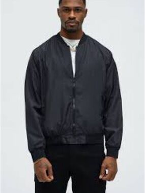 Men's Black Bomber Jacket - Minimal Zip Front 882